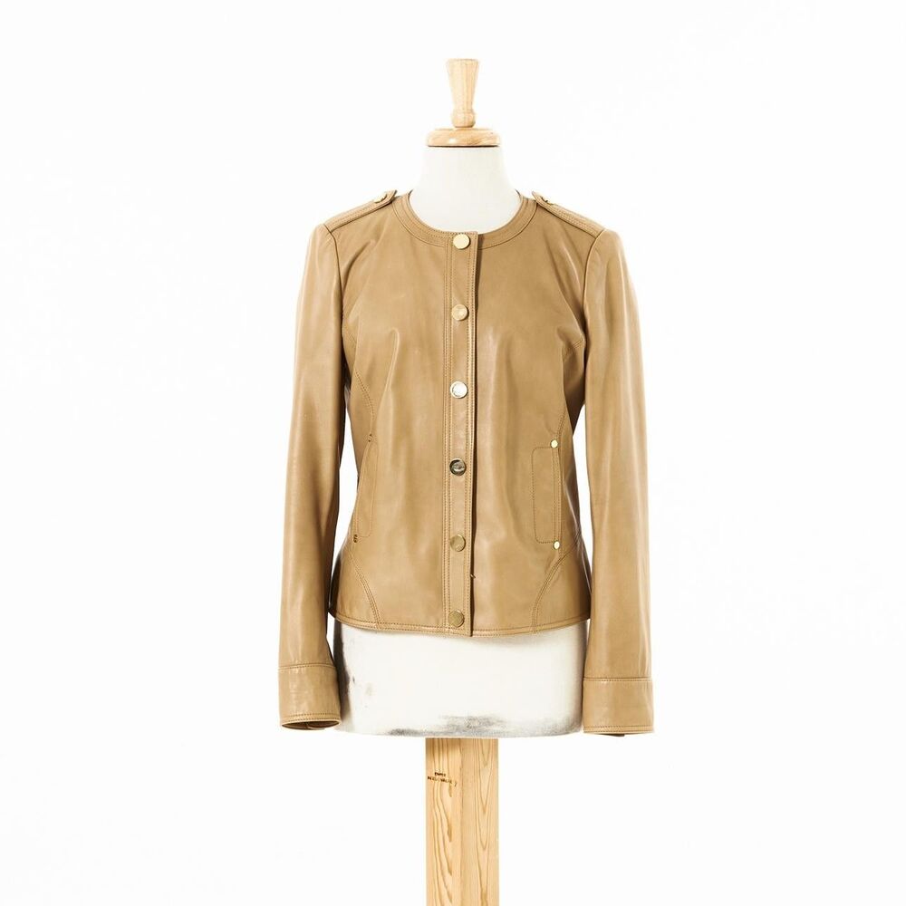 Tory Burch Women's Leather Jacket Medium Tan Gold Snap Collarless Moto